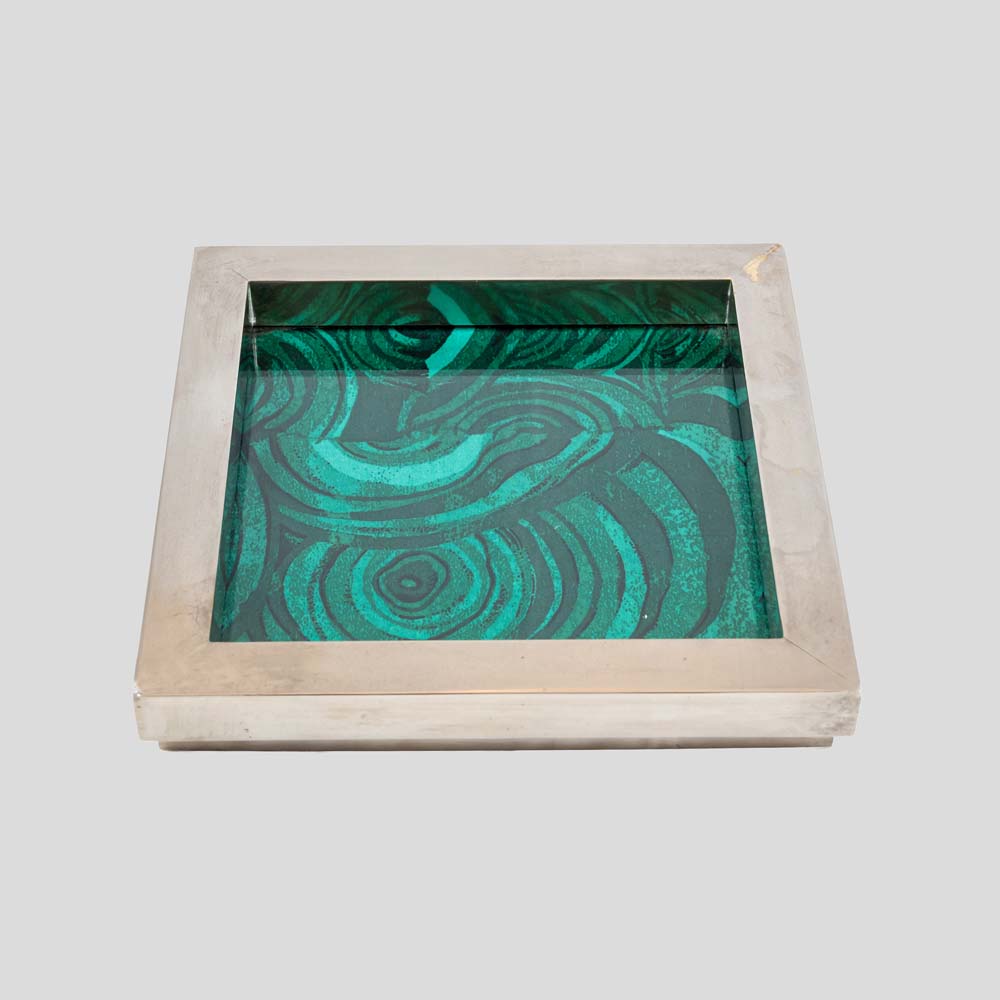 1970s silver plated square tray with Malachite silk