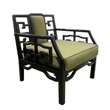 Load image into Gallery viewer, Pair of Mid-Century Chinese Black Lacquer Armchairs with Geometric Fretwork