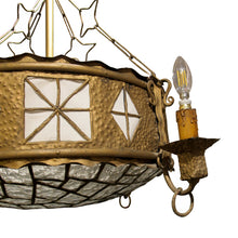 Load image into Gallery viewer, French Art Nouveau Hammered Brass Chandelier with Textured Glass Shade
