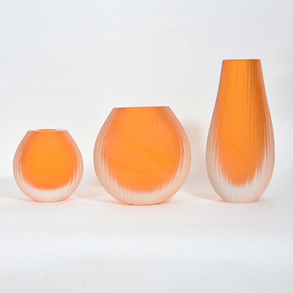 Set of 3 Orange Murano Battuto Vase