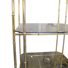 Load image into Gallery viewer, 1970s Pagoda Four Tier Brass Faux Bamboo Shelving Unit Display, Belgian