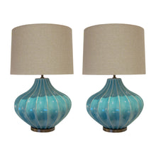 Load image into Gallery viewer, Pair of Turquoise Ceramic Crackled Glaze table lamps, circa 1980s, English