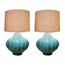 Load image into Gallery viewer, Pair of Turquoise Ceramic Crackled Glaze table lamps, circa 1980s, English