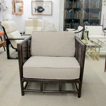 Load image into Gallery viewer, Pair of French Mid-Century Bamboo and Rattan Armchairs with Boucle Upholstery