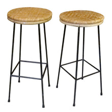 Load image into Gallery viewer, Mid-Century French Pair of Wrought Iron and Rattan Bar Stools