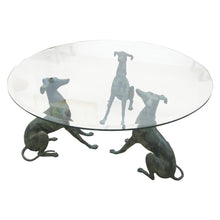 Load image into Gallery viewer, 1950s Belgian Coffee Table with Bronze Whippet Sculptures and Glass Top