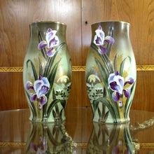 Load image into Gallery viewer, Pair of 1930s French Art Deco Hand-Painted Glass Vases with Irises