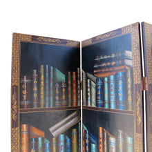 Load image into Gallery viewer, 1950s Chinese Coromandel Four-Panel Screen with Trompe-l'œil Bookshelves and Gilded Floral Motifs