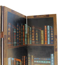 Load image into Gallery viewer, 1950s Chinese Coromandel Four-Panel Screen with Trompe-l'œil Bookshelves and Gilded Floral Motifs