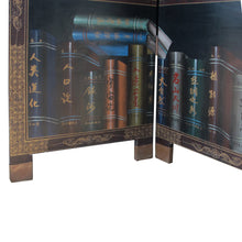 Load image into Gallery viewer, 1950s Chinese Coromandel Four-Panel Screen with Trompe-l'œil Bookshelves and Gilded Floral Motifs