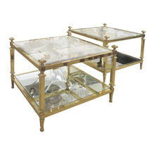 Load image into Gallery viewer, Pair of 1970s Italian Brass and Glass Two-Tier Side Tables with Mirrored Shelves