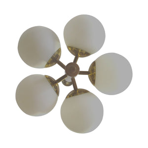 1950s Swedish Brass Ceiling Light with Five Opal Glass Globes