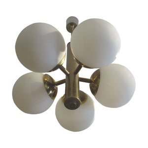 1950s Swedish Brass Ceiling Light with Five Opal Glass Globes