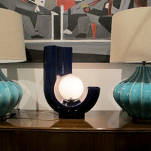 Load image into Gallery viewer, Italian Blue Glazed Ceramic Table Lamp with Opal Globe and Vase Detail, 1970s
