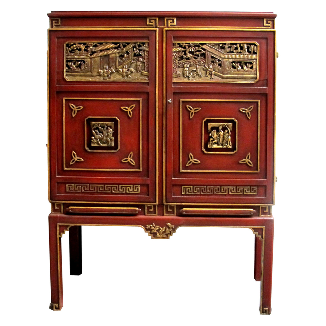 1950s Swedish-made Chinoiserie Drinks Cabinet with Carved Panels