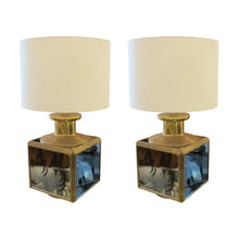 Load image into Gallery viewer, Pair of 1950s Italian Brass and Glass Table Lamps with Mirrored Panels