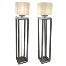 Load image into Gallery viewer, Pair of Tall 1970s Modernist Chrome Floor Lamps, Frosted Glass Cube Shades, English
