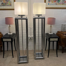 Load image into Gallery viewer, Pair of Tall 1970s Modernist Chrome Floor Lamps, Frosted Glass Cube Shades, English