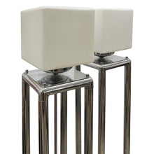 Load image into Gallery viewer, Pair of Tall 1970s Modernist Chrome Floor Lamps, Frosted Glass Cube Shades, English