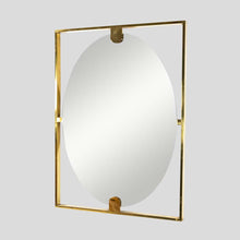 Load image into Gallery viewer, Mid-century style rectangular brass frame with oval mirror
