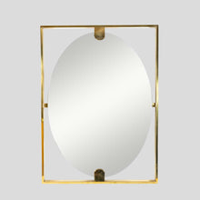 Load image into Gallery viewer, Mid-century style rectangular brass frame with oval mirror