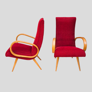 Pair of French 1950s Red upholstered armchairs by Stella Durera