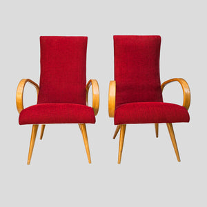 Pair of French 1950s Red upholstered armchairs by Stella Durera