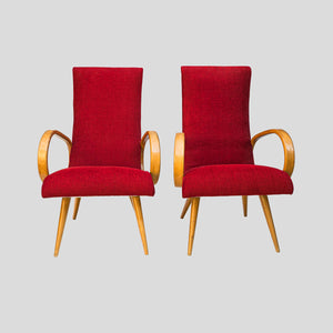 Pair of French 1950s Red upholstered armchairs by Stella Durera