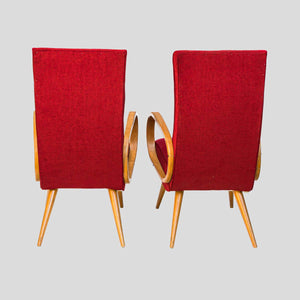 Pair of French 1950s Red upholstered armchairs by Stella Durera