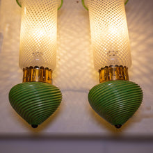 Load image into Gallery viewer, Pair of 1930s Murano clear white and green glass on brass wall lights