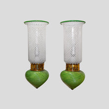 Load image into Gallery viewer, Pair of 1930s Murano clear white and green glass on brass wall lights