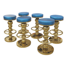 Load image into Gallery viewer, Set of 6 Vintage Brass Bar Stools with Blue Leather Seats, Italian 1970s–80s