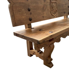 Load image into Gallery viewer, 1920s Oak Heraldic Bench with Spanish & French Royal Alliance Crest