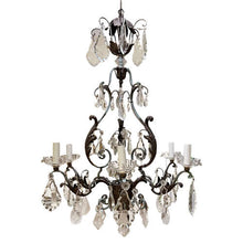 Load image into Gallery viewer, Large French 1940s Wrought Iron &amp; Tole Wear, Rock Crystal Chandelier
