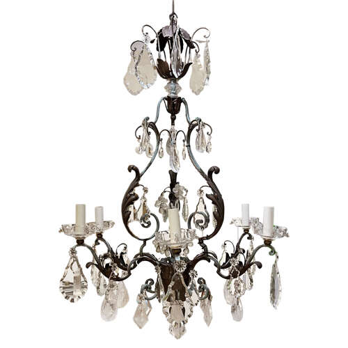 Large French 1940s Wrought Iron & Tole Wear, Rock Crystal Chandelier