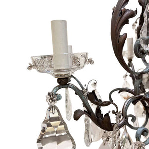 Large French 1940s Wrought Iron & Tole Wear, Rock Crystal Chandelier