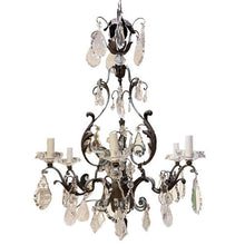 Load image into Gallery viewer, Large French 1940s Wrought Iron &amp; Tole Wear, Rock Crystal Chandelier

