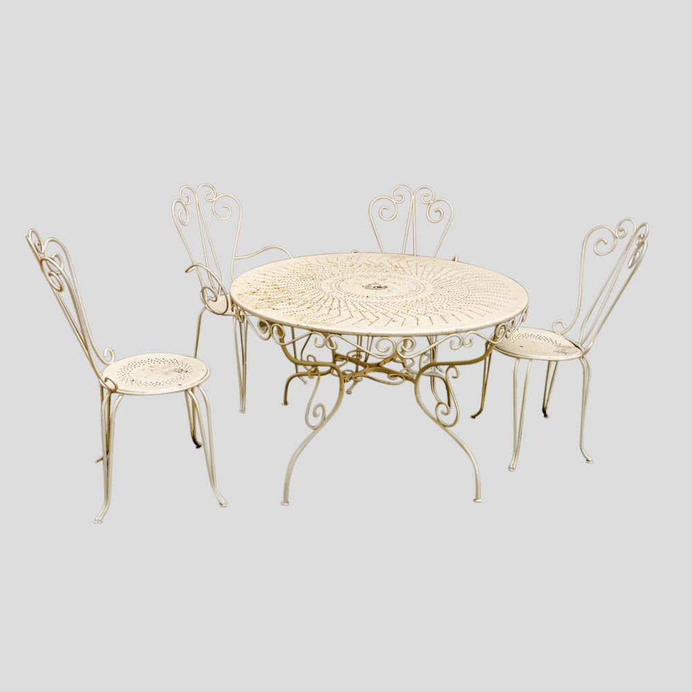 Set of 4 garden chairs and round table, French 1950s