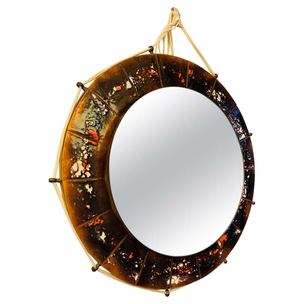 1970s Ceramic Tiled Round Mirror