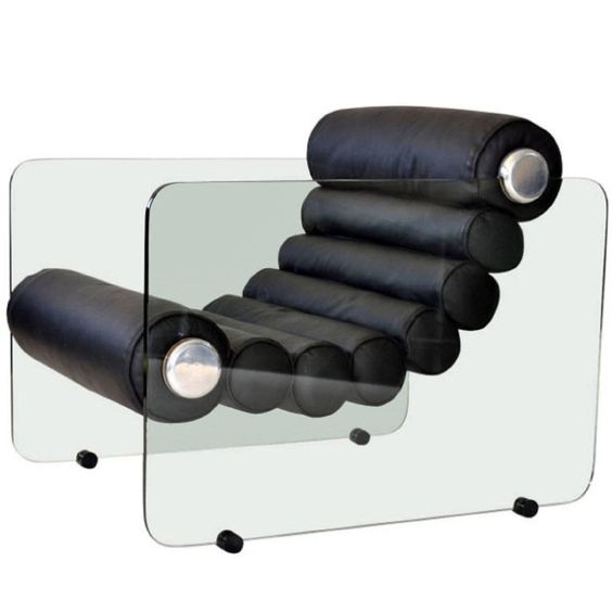 Hyaline Chairs by Fabio Lenci made of toughened glass frame with adjustable roller cushions in black leather.Architectural piece perfect for any workspace or home.