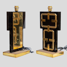 Load image into Gallery viewer, Pair Of Black Perspex And Brass Table Lamps By Frigerio