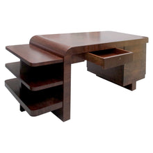 Load image into Gallery viewer, 1930s French, walnut art deco large partners desk with side shelves