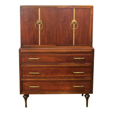 Load image into Gallery viewer, Large 1960s American Oak Tallboy with Brass Inlay by Vanleigh Furniture