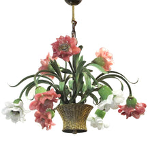 Load image into Gallery viewer, 1980S ITALIAN COLOURED GLASS AND TOLEWARE CHANDELIER BY BANCI, FLORENCE