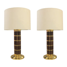 Load image into Gallery viewer, Spanish, 1970s Pair Of Tubular Walnut And Brass Table Lamps