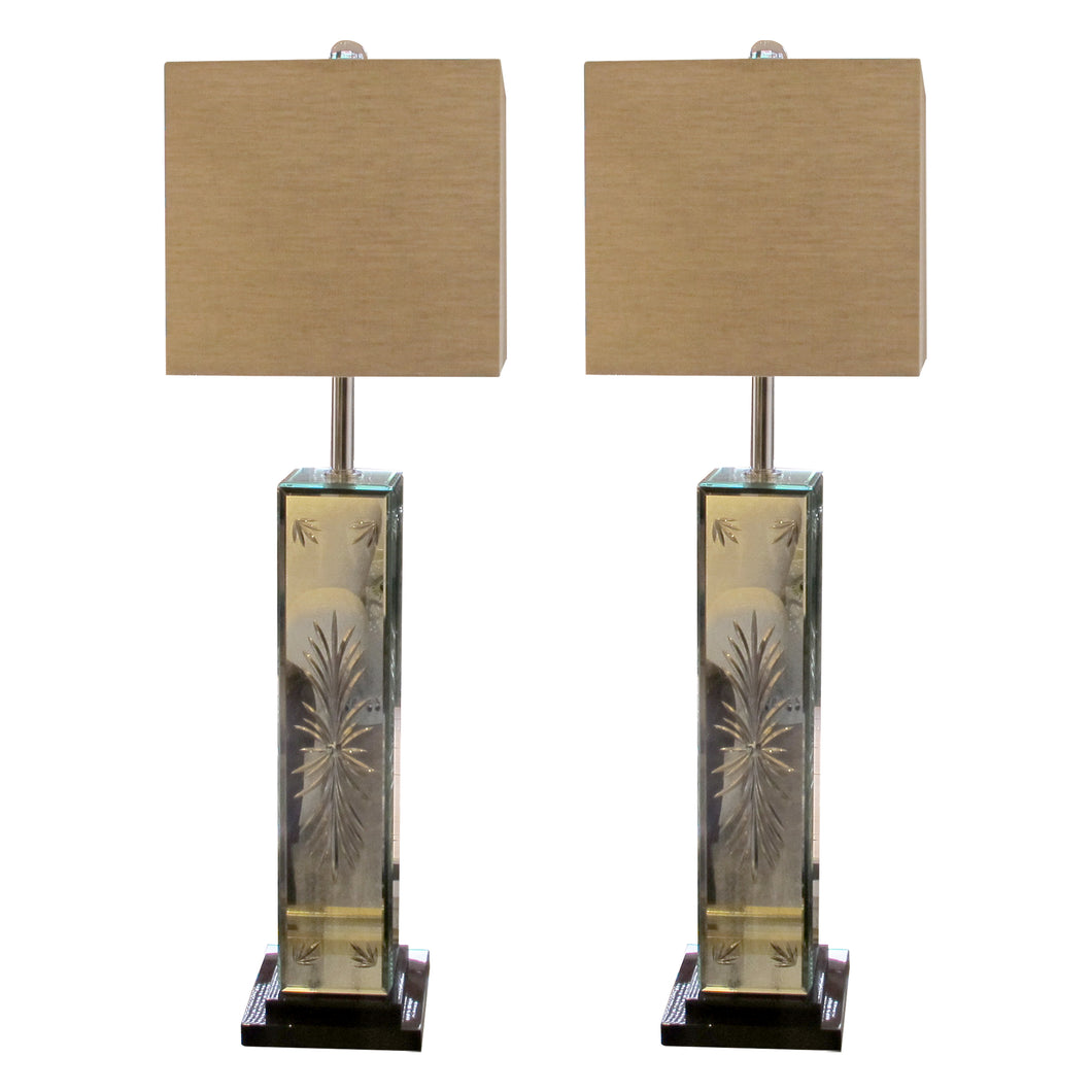 Italian, 1980s Large Venetian Etched Mirrored Pair Of Table Lamps