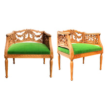 Load image into Gallery viewer, Early 1900s Swedish Pair of Armchairs with Carved Frame and Green Mohair Seats