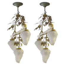 Load image into Gallery viewer, 1950s Large Pair of Toleware Ceiling Lamps With Grapevine Glass Shades, French