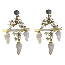 Load image into Gallery viewer, 1950s Large Pair of Toleware Ceiling Lamps With Grapevine Glass Shades, French