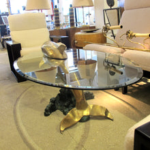 Load image into Gallery viewer, 1960s French Brass Coffee Table in the shape of a Dolphin with an Oval Glass Top